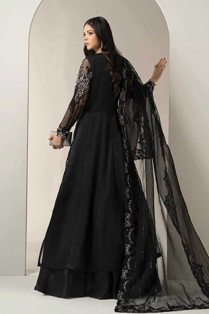 Back view of 3 Piece Embroidered Suit - Black Long Dress Organza featuring flowing silhouette and embroidered sheer dupatta in AL-4231 design.