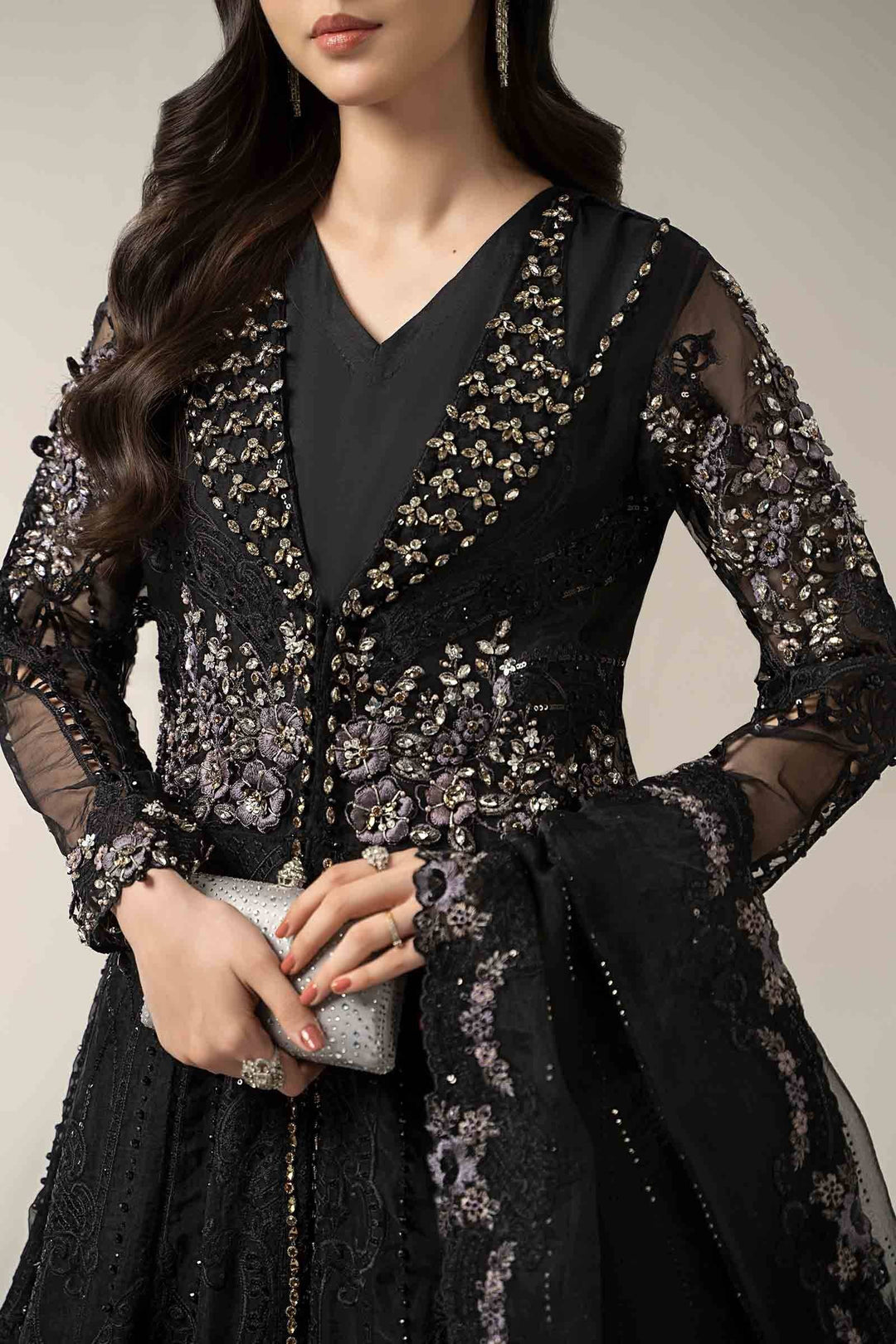 Close-up of 3 Piece Embroidered Suit - Black Long Dress Organza showcasing hand embellishments, 3D floral embroidery, and sheer detailed sleeves.