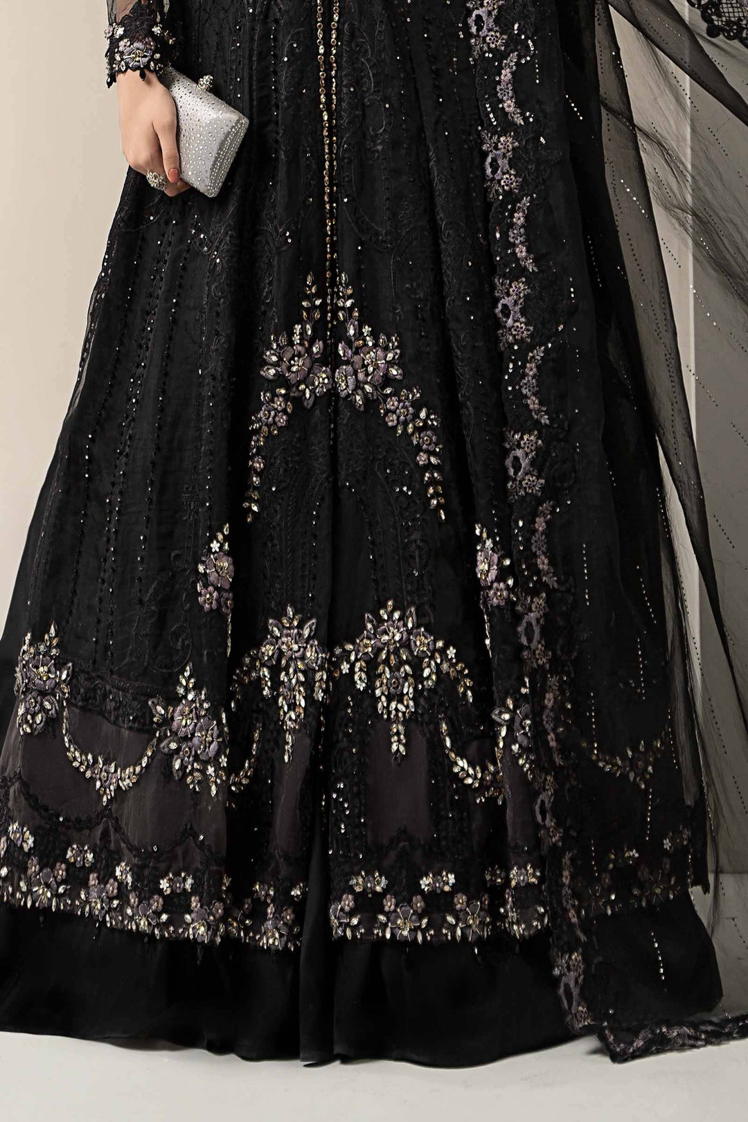 Detailed hem of 3 Piece Embroidered Suit - Black Long Dress Organza with ornate embroidery and beadwork, enhancing the luxurious look.