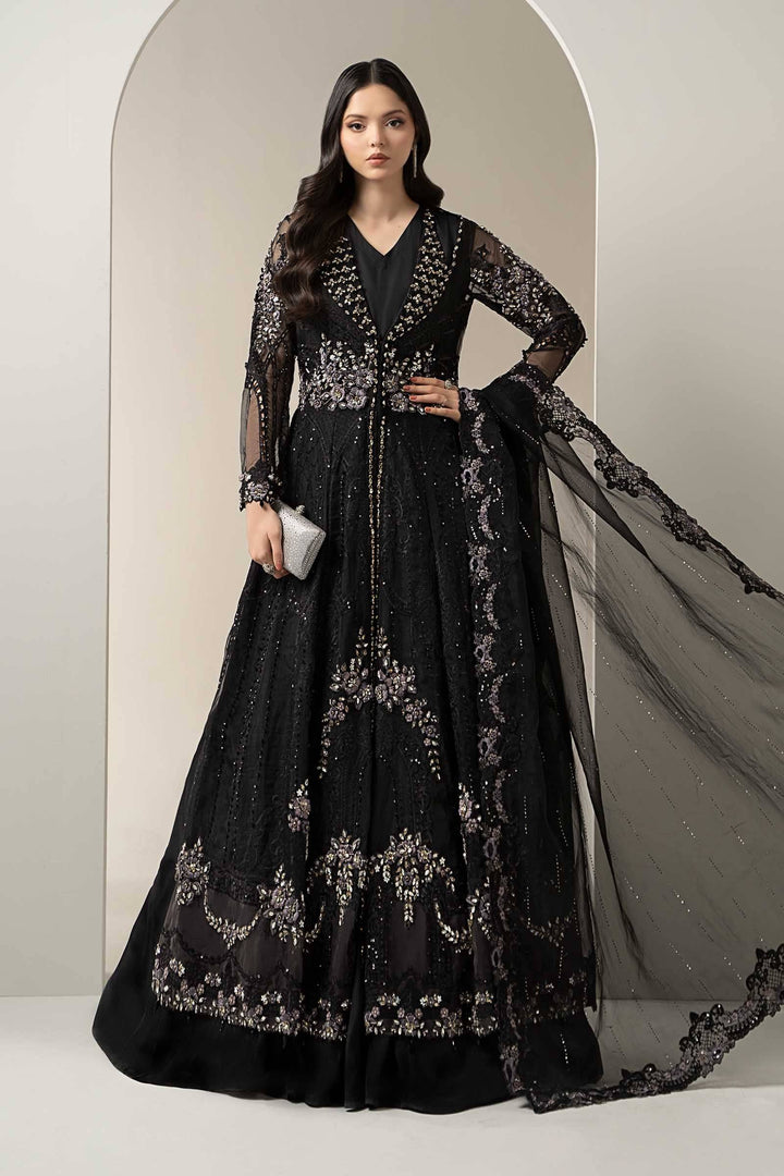 3 Piece Embroidered Suit - Black Long Dress Organza with intricate 3D floral embroidery and hand embellishments, paired with dupatta and pants.