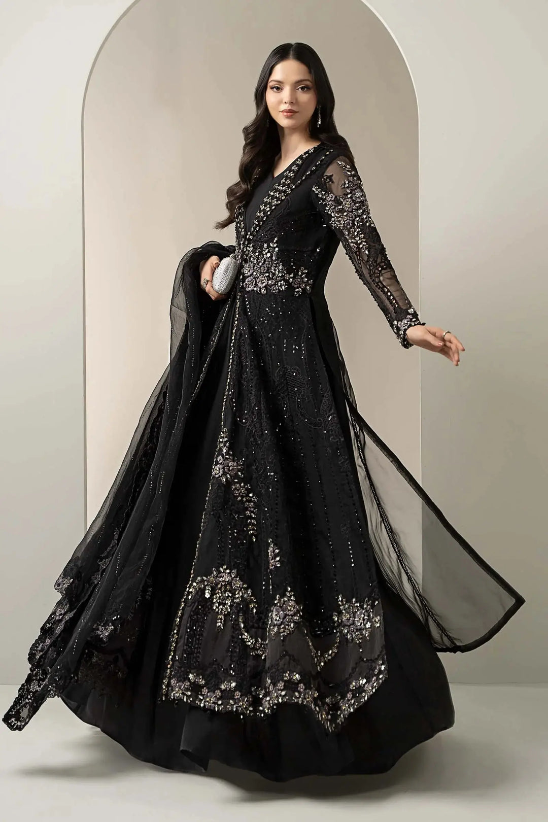 Elegant 3 Piece Embroidered Suit - Black Long Dress Organza with pearled sleeves and detailed embellishments, ideal for formal occasions.
