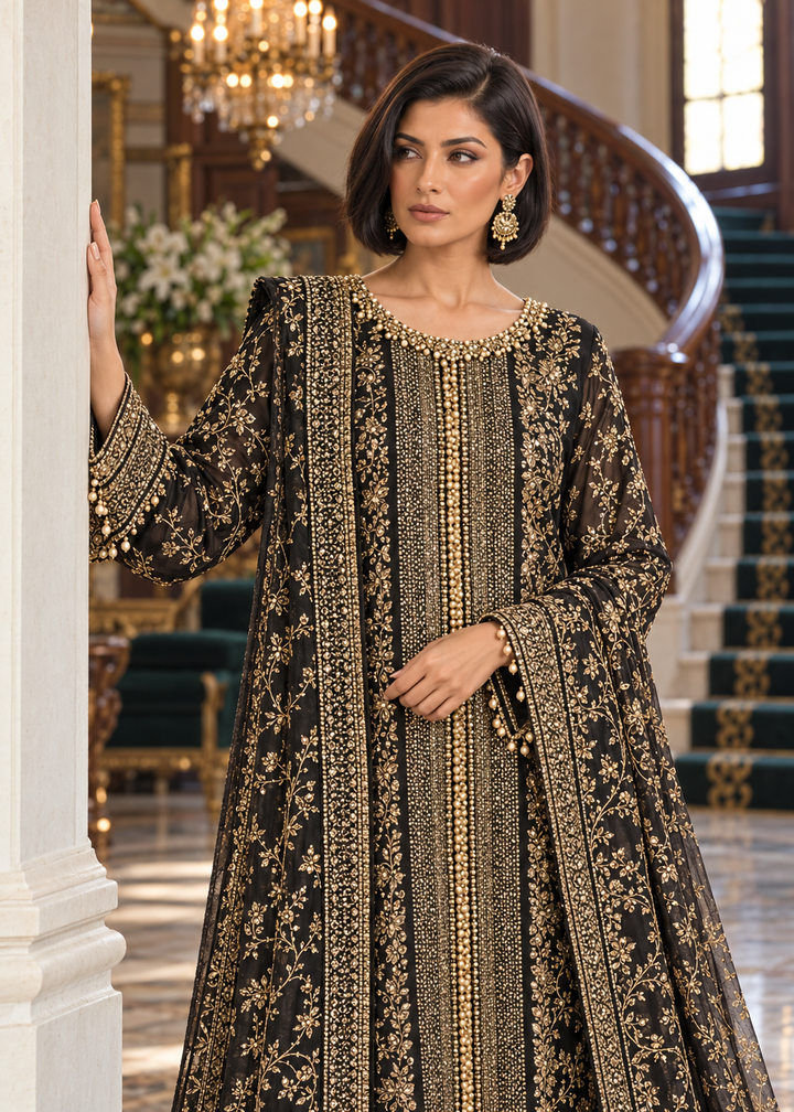 BLACK 3 Piece Embroidered Organza Suit | AL-3881-16
