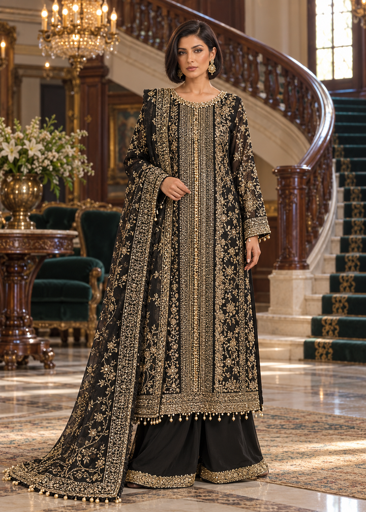 BLACK 3 Piece Embroidered Organza Suit | AL-3881-16