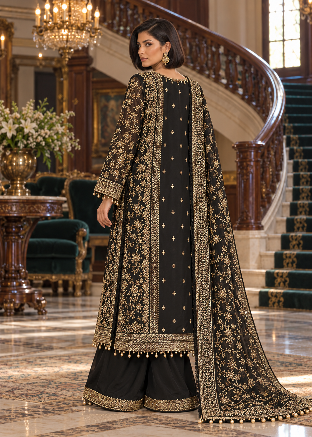 BLACK 3 Piece Embroidered Organza Suit | AL-3881-16