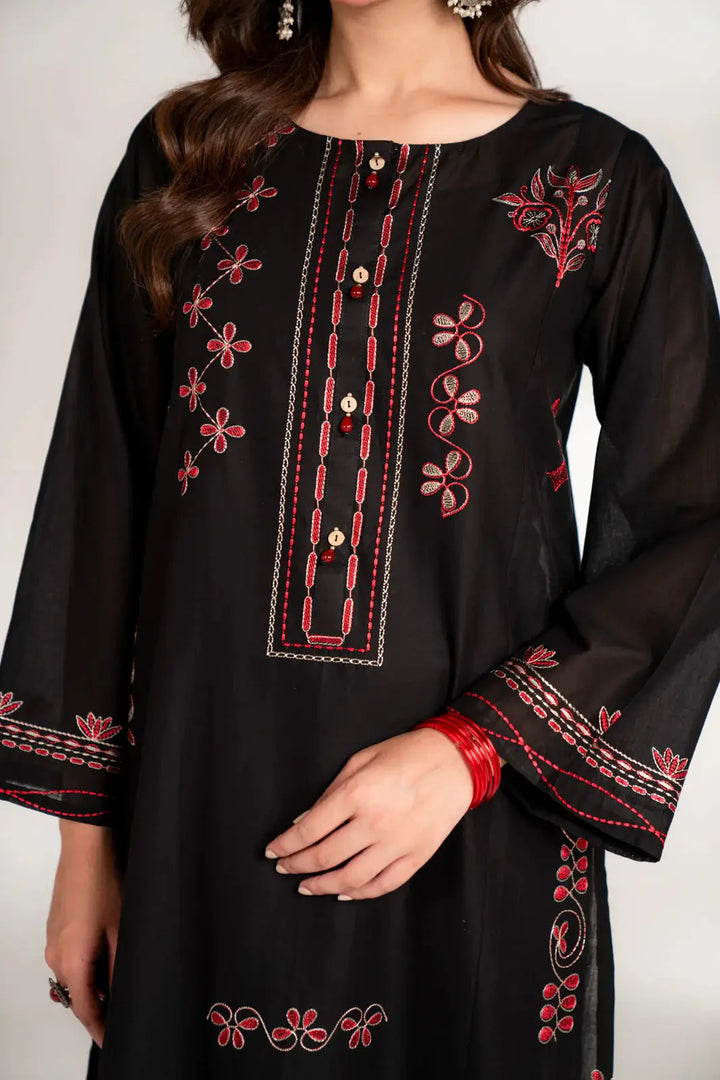 Detailed embroidery on INARA Lawn Shirt - Pakistani Embroidered Shirt in black, featuring red floral patterns on sleeves and front panel.