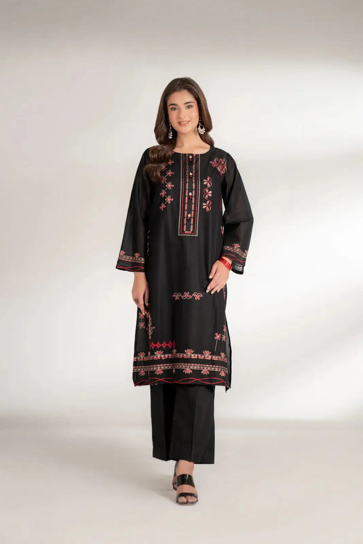 INARA Lawn Shirt - Pakistani Embroidered Shirt in black with red floral embroidery, full sleeves, and wooden button loop, front view.