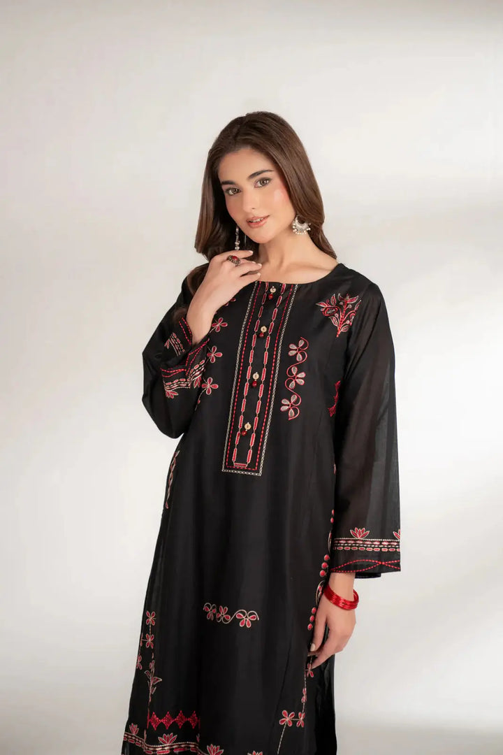 Close-up front view of INARA Lawn Shirt - Pakistani Embroidered Shirt in black, showing neckline embroidery and wooden button loop.