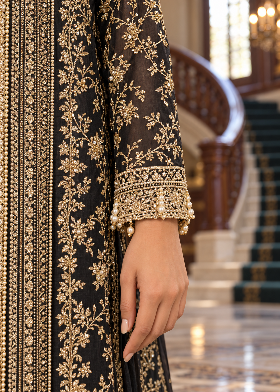 BLACK 3 Piece Embroidered Organza Suit | AL-3881-16