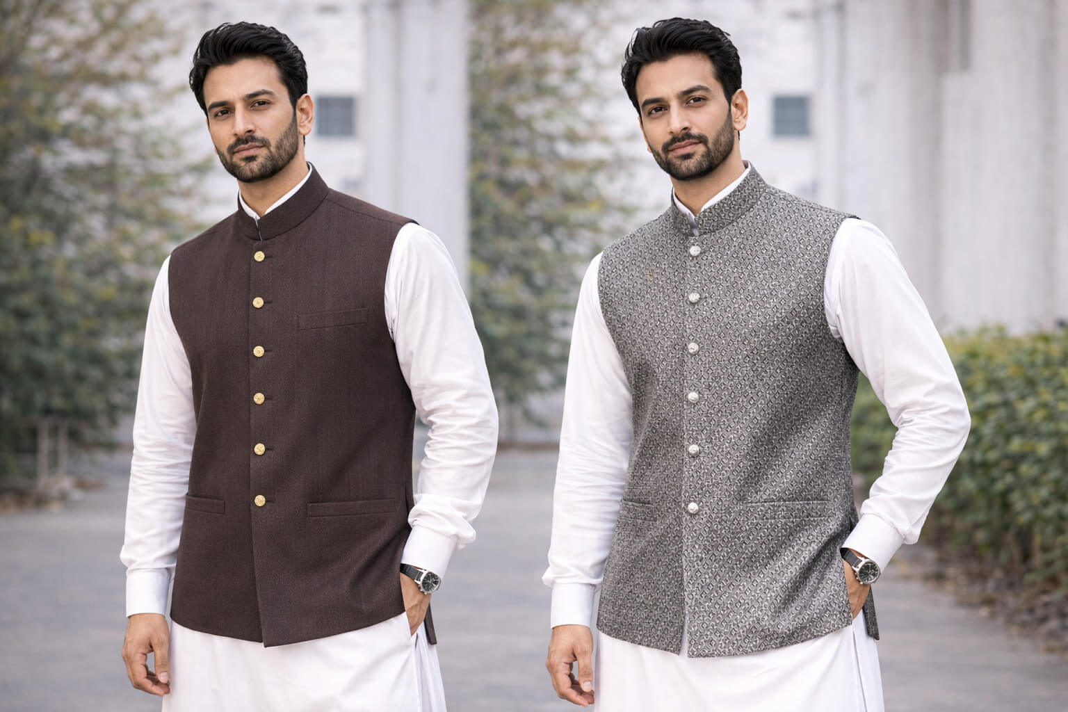 Two men wearing traditional vests over white shirts outdoors.