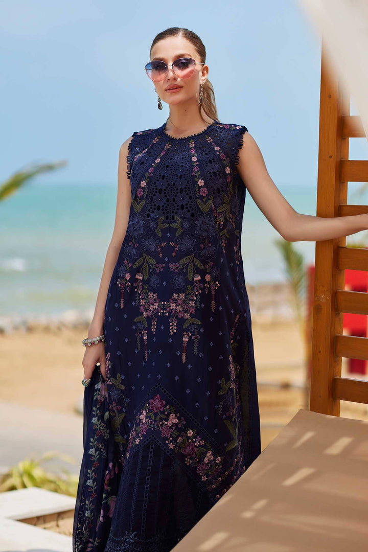 Elegant AL-4311 embroidered lawn suit with sleeveless navy shirt and floral organza detailing, paired with silk dupatta for formal occasions.