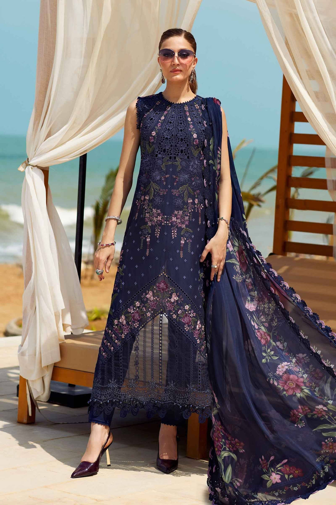 Embroidered 3 Piece Ladies Suit AL-4311 featuring navy lawn shirt with floral embroidery, silk dupatta, and trousers, ideal for festive wear.