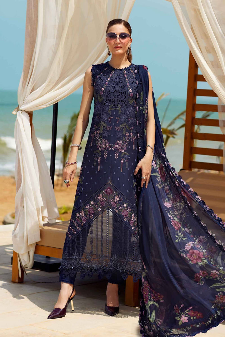 Embroidered 3 Piece Ladies Suit AL-4311 featuring navy lawn shirt with floral embroidery, silk dupatta, and trousers, ideal for festive wear.