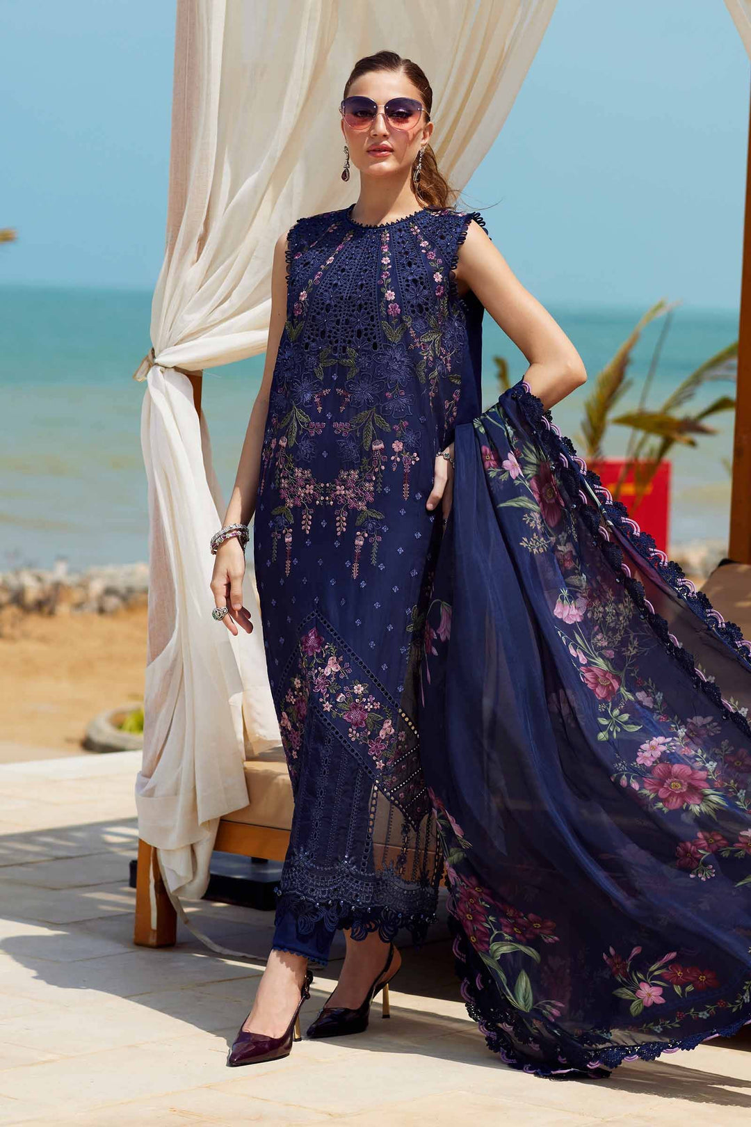 Full view of AL-4311 embroidered 3 piece suit with navy lawn shirt, floral silk dupatta, and trousers, perfect for events and gatherings.