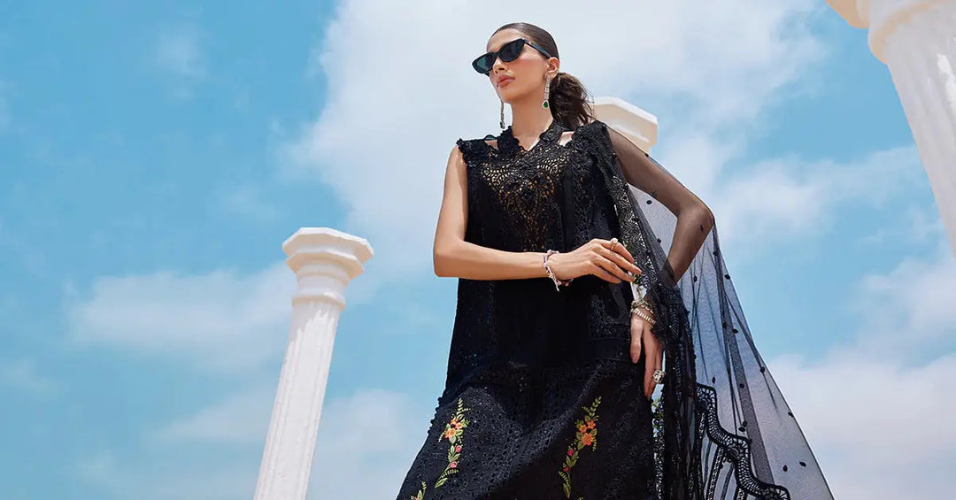 Stylish black Pakistani lawn suit AL-4296 with floral embroidery and sheer dupatta, designed for formal events and festive occasions.