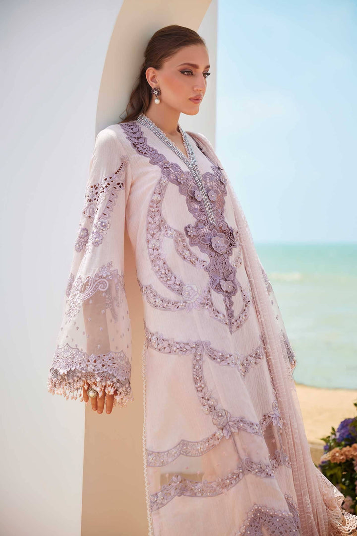 Close-up of 3 piece suit women's Embroidered Lawn Suit | AL-4309 showing intricate lavender embroidery and pearl detailing on soft pink fabric.