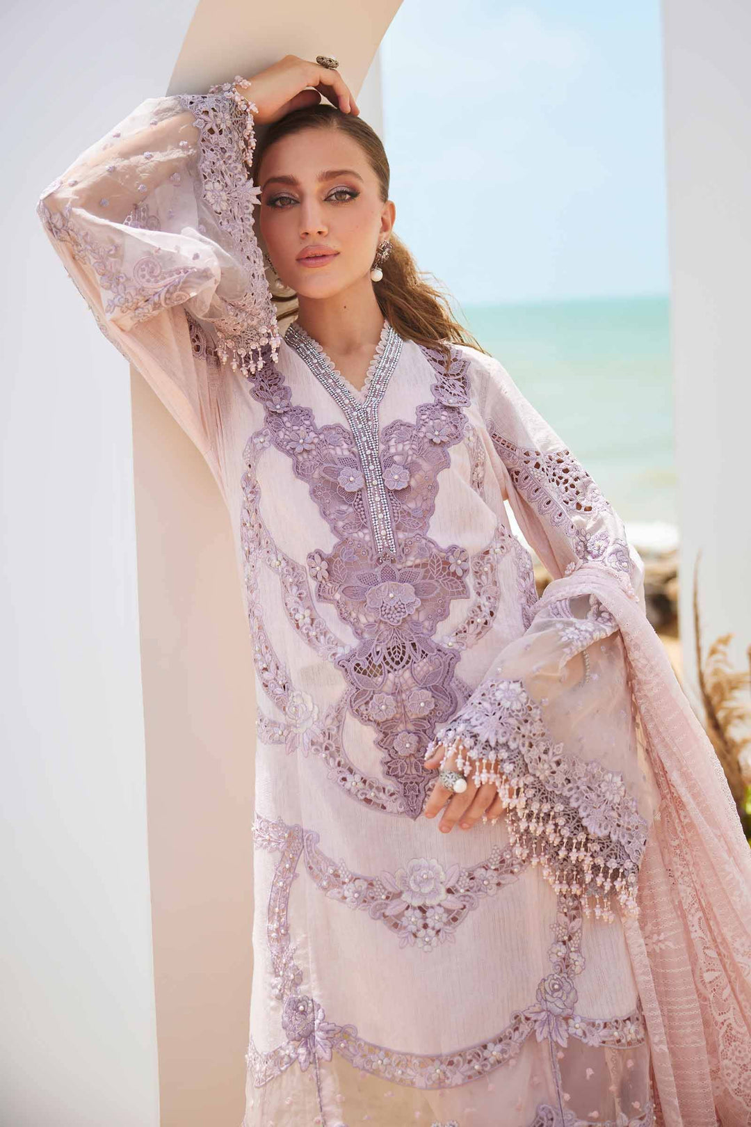 Elegant 3 piece suit women's Embroidered Lawn Suit | AL-4309 featuring detailed embroidery, sheer sleeves, and delicate embellishments.