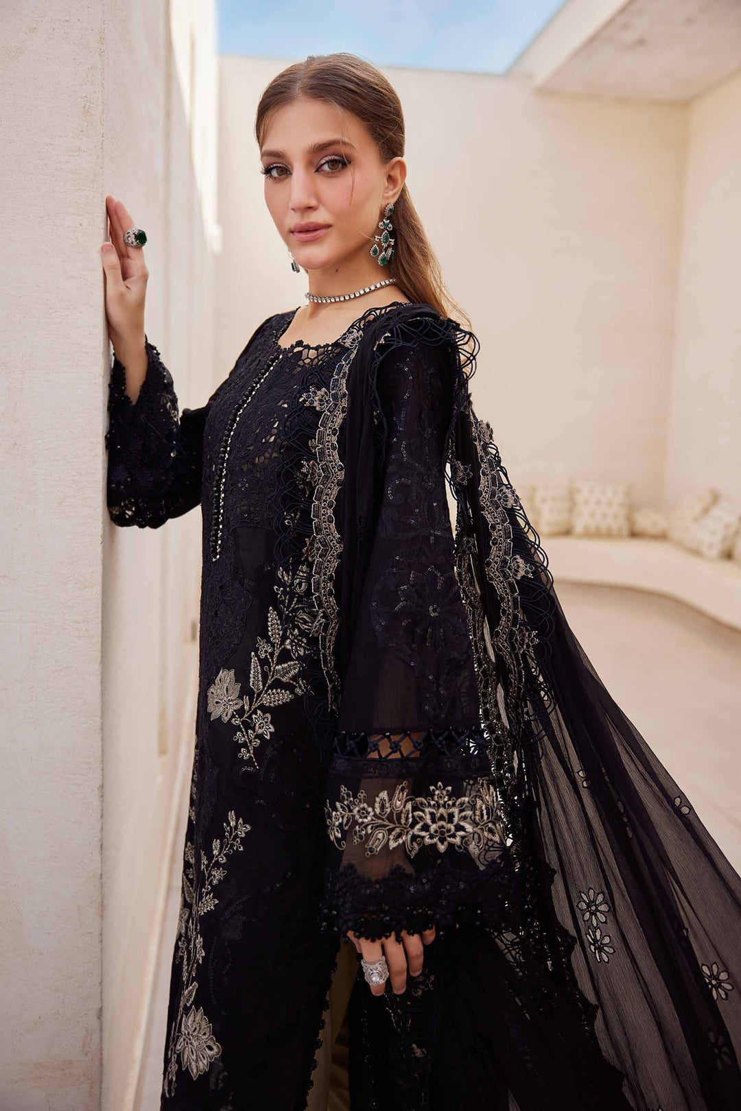 Close-up of AL-4312 embroidered black 3 piece suit featuring detailed sleeve and neckline embroidery, perfect for elegant occasions.