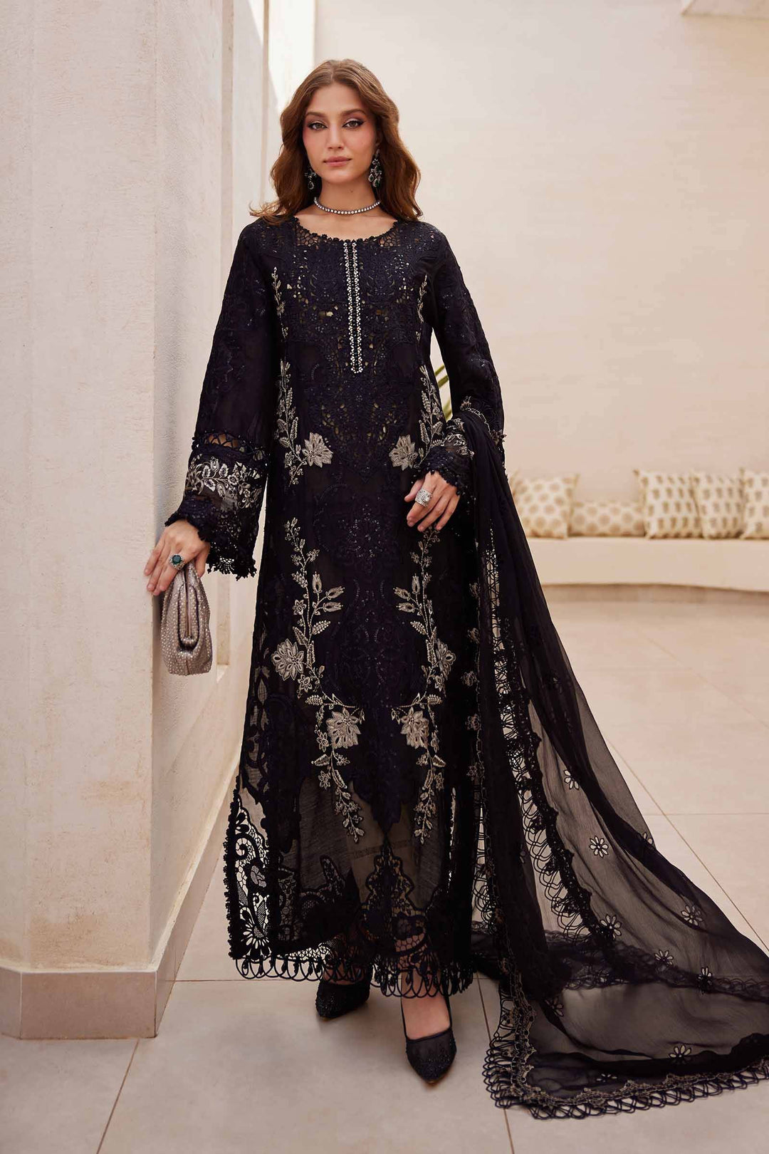 Embroidered Women's 3 Piece Suits Shirt, Trousers | AL-4312 in black with intricate floral embroidery and chiffon dupatta, ideal for formal wear.