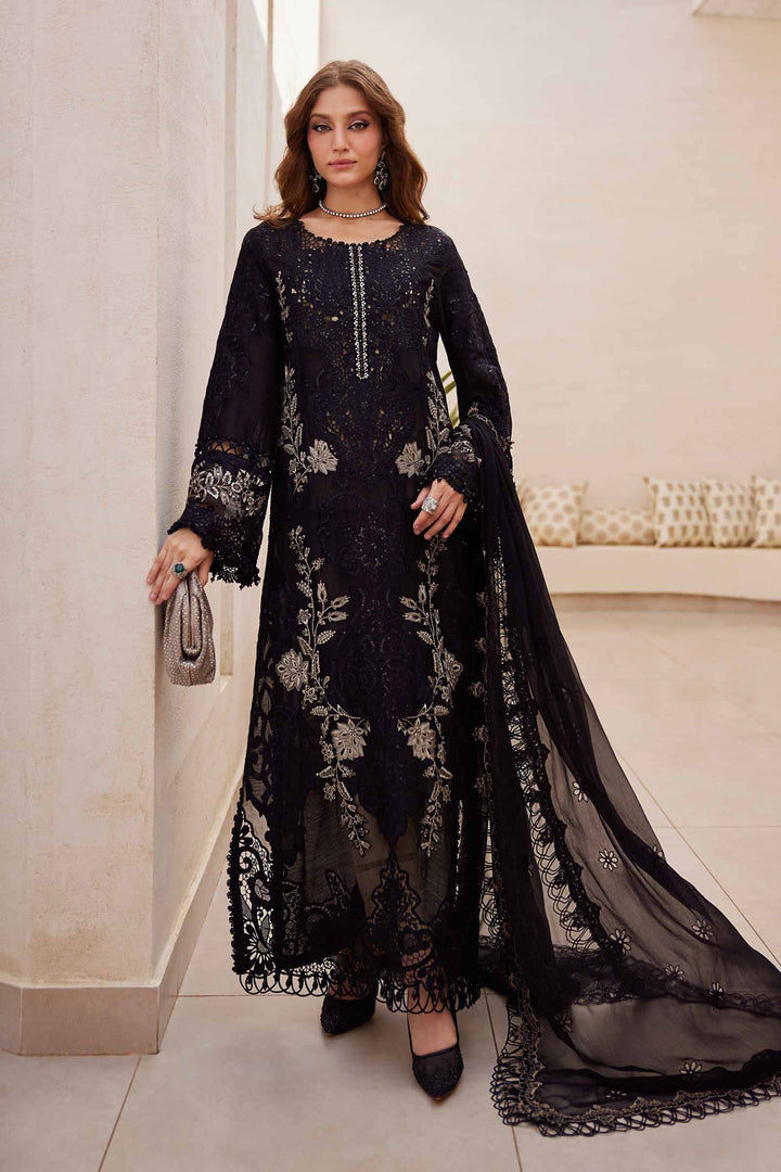 Embroidered Women's 3 Piece Suits Shirt, Trousers | AL-4312 in black with intricate floral embroidery and chiffon dupatta, ideal for formal wear.