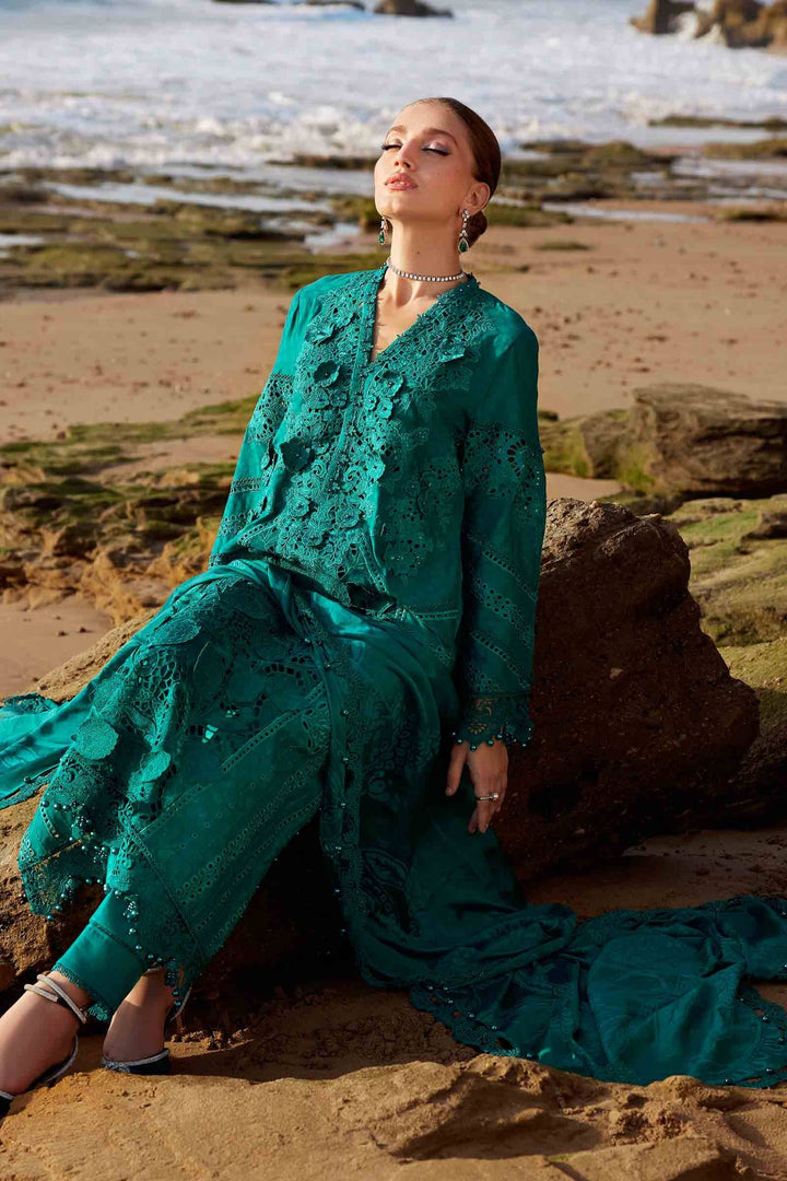 Sea green embroidered 3 piece lawn suit AL-4310 featuring delicate cutwork and floral detailing, ideal for formal and festive occasions.