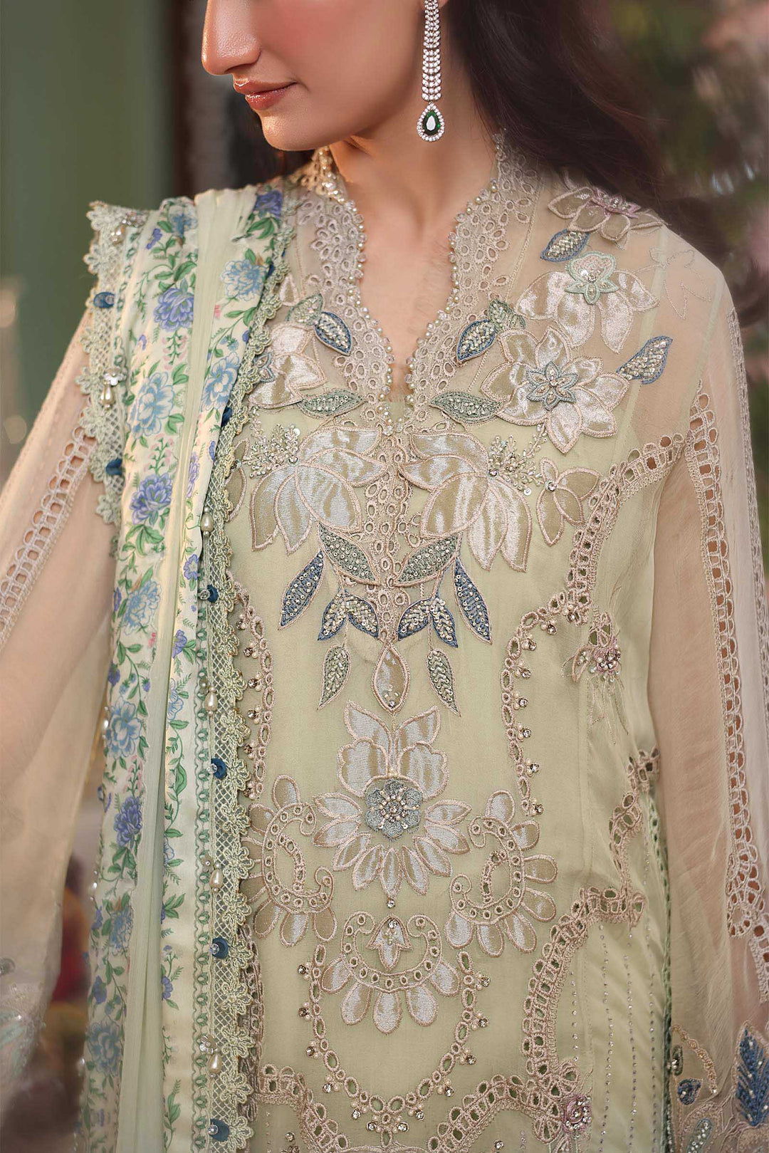 Rangreza Apple Green Embroidered Chiffon 3-Piece Suit | AL-4499