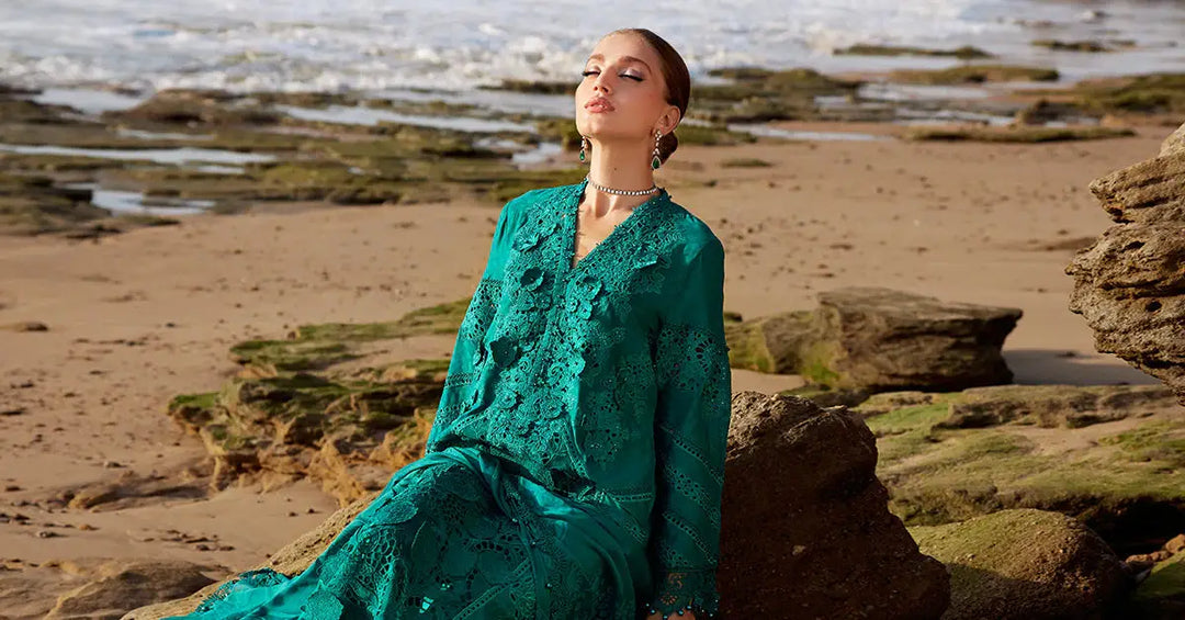 Elegant sea green 3 piece lawn suit AL-4310 with intricate embroidery, styled for a festive beachside look in ladies formal wear.