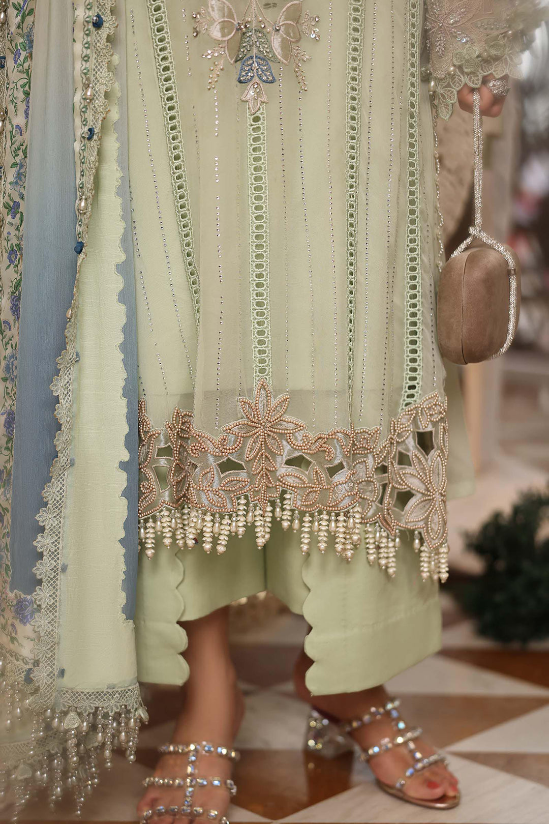 Rangreza Apple Green Embroidered Chiffon 3-Piece Suit | AL-4499