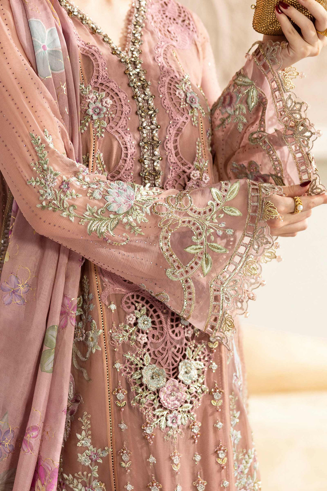 Detailed embroidery on sleeve and bodice of MARIA.B MPC-25-105 chiffon suit with crystal accents and floral threadwork.
