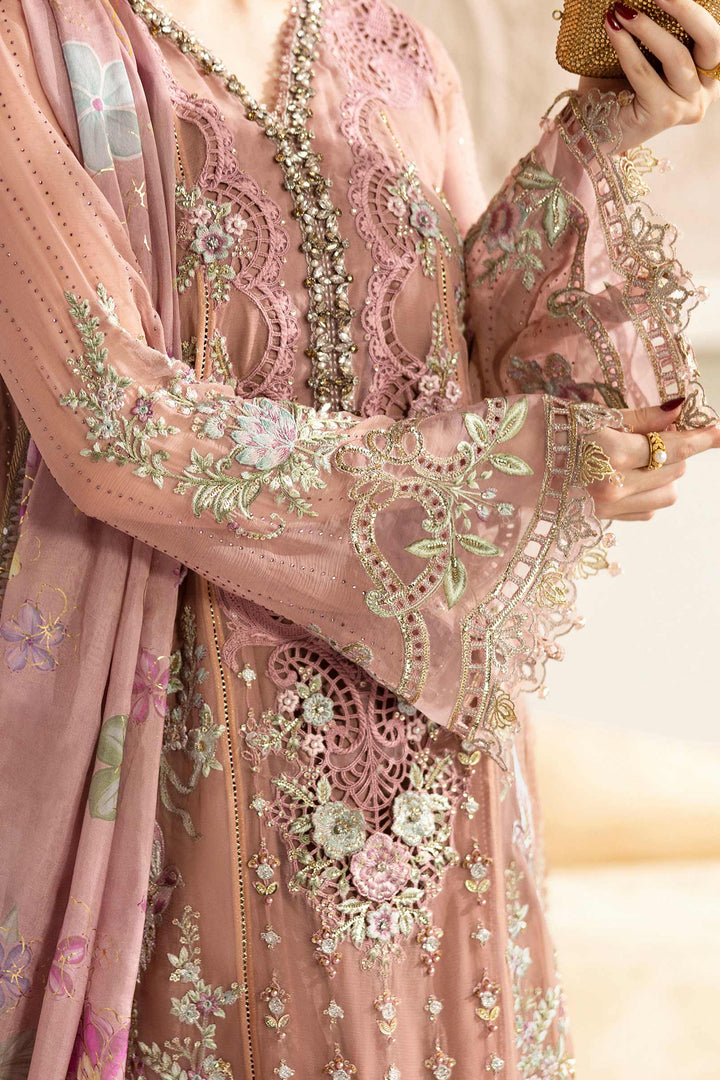 Detailed embroidery on sleeve and bodice of MARIA.B MPC-25-105 chiffon suit with crystal accents and floral threadwork.