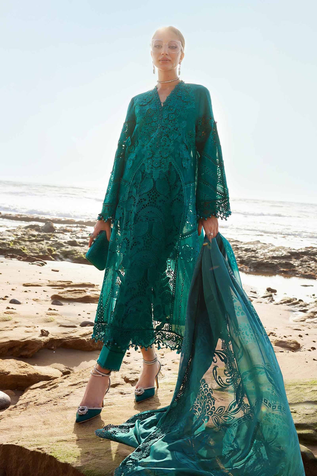3 Piece Lawn Suit AL-4310 in sea green with intricate embroidery and 3D flowers, styled with dupatta and pants for elegant festive wear.
