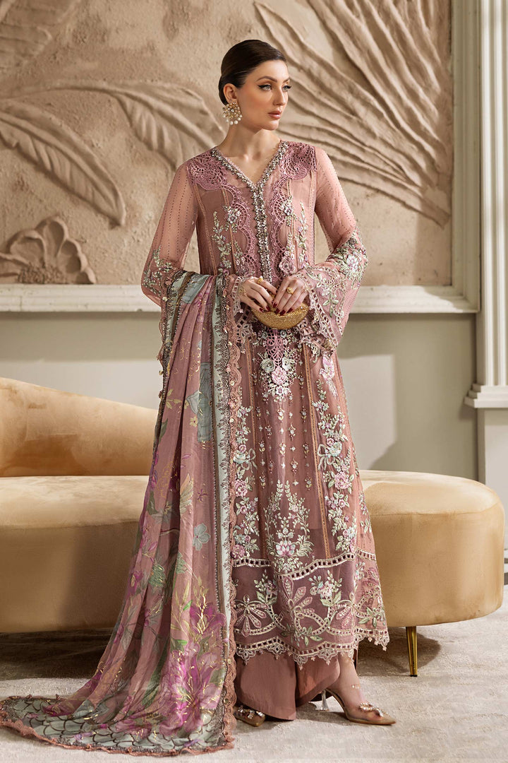 MARIA.B Luxury 3 Piece chiffon suit MPC-25-105 in blush pink with intricate embroidery, paired with floral silk dupatta and organza detailing.