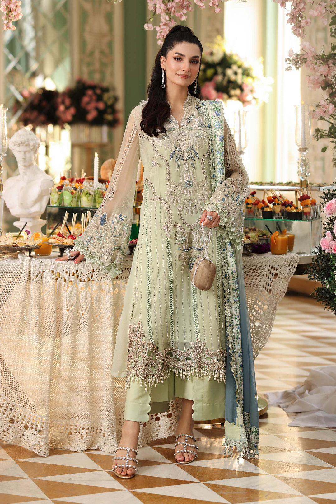 Rangreza Apple Green Embroidered Chiffon 3-Piece Suit | AL-4499