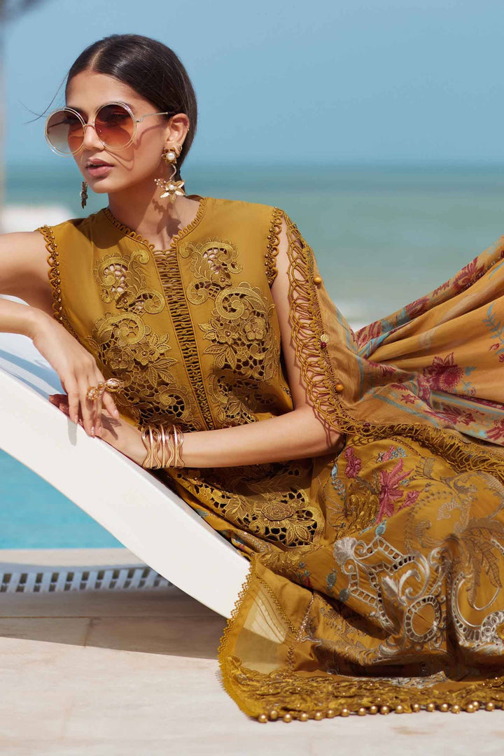 Elegant Embroidered Lawn - women's 3 piece suit | Wedding & Festive Wear styled poolside, showcasing 3D floral embroidery and festive mustard fabric.