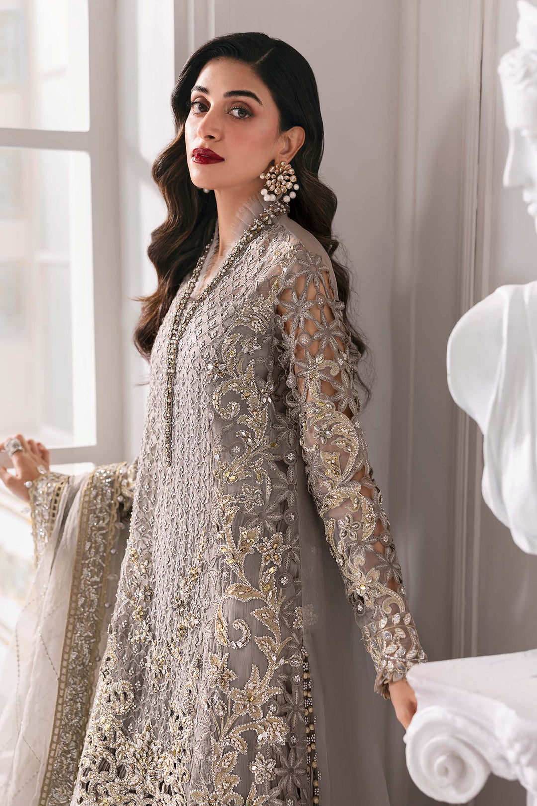 Close-up of Embroidered Organza Stitched 3-Piece Outfit Luxury | AL-4232 highlighting neckline and sleeve embellishments with fine craftsmanship.