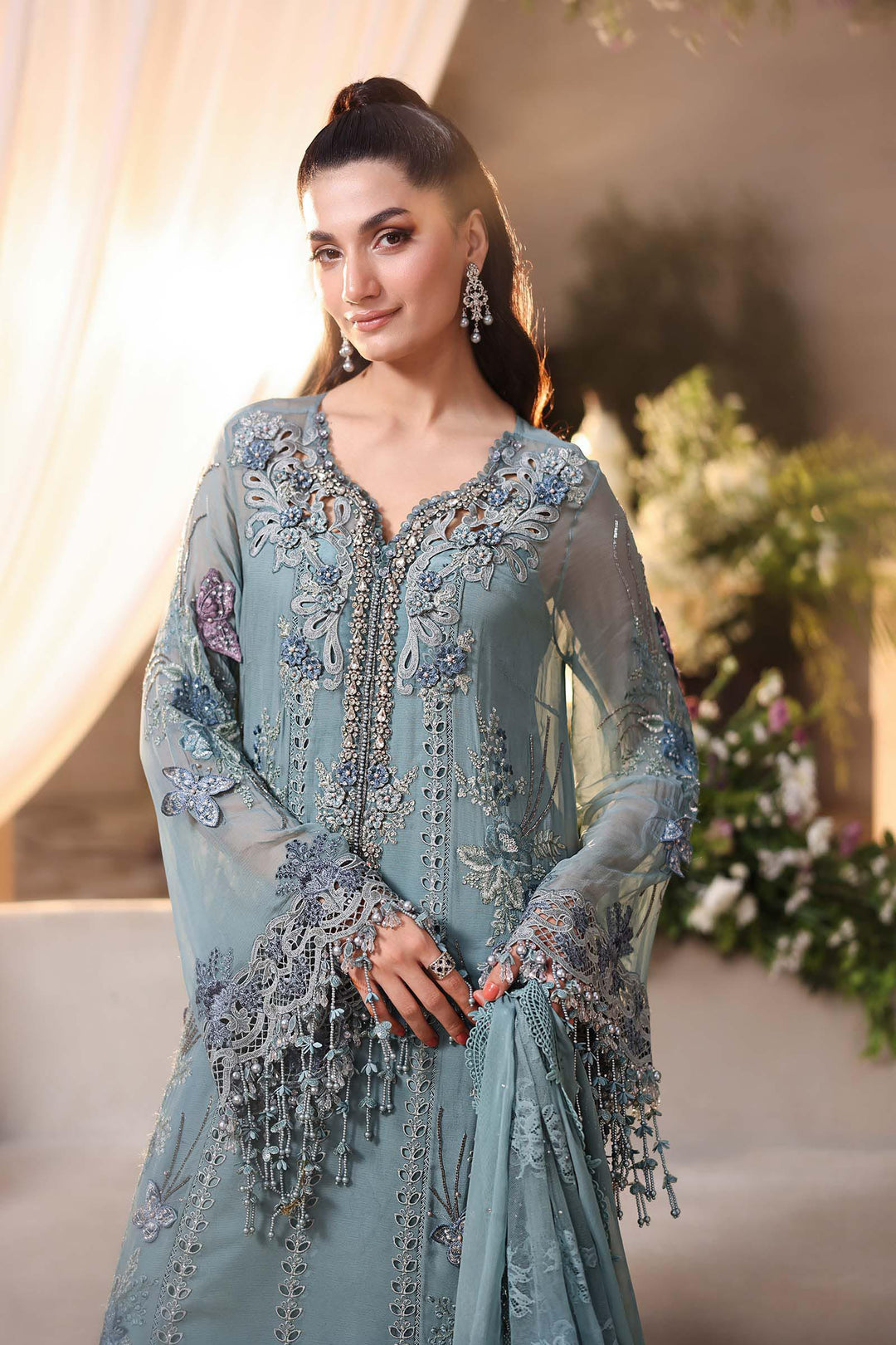 Rangreza Aqua Embroidered Chiffon 3-Piece Suit | AL-4498