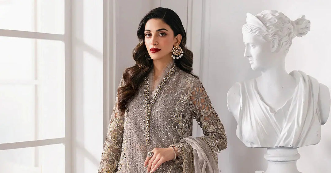 Model wearing Embroidered Organza Stitched 3-Piece Outfit Luxury | AL-4232 with statement earrings, perfect for festive and luxury events.