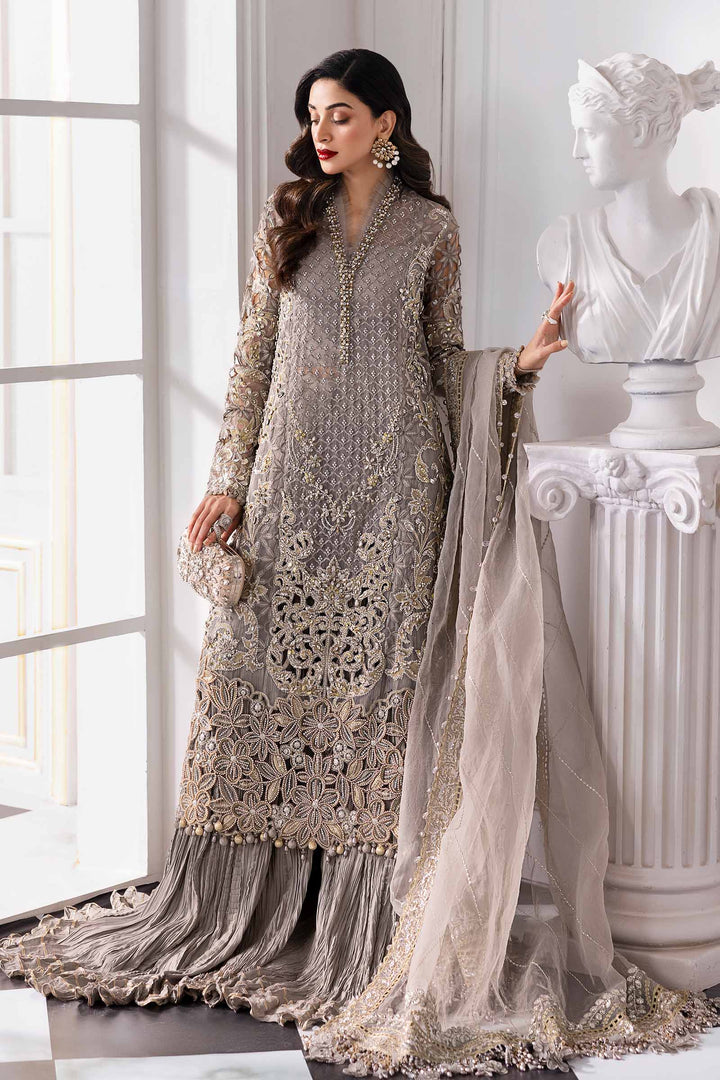 Full front view of Embroidered Organza Stitched 3-Piece Outfit Luxury | AL-4232 with embellished shirt, dupatta, and flared pants in neutral tones.
