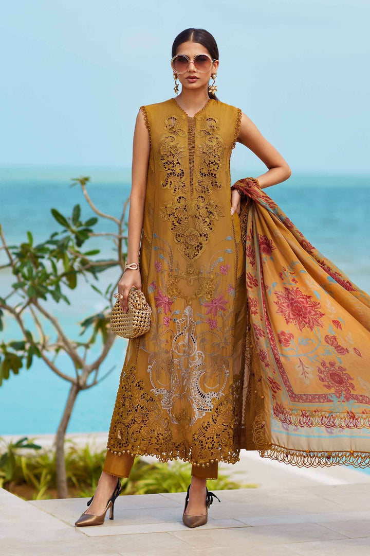 Embroidered Lawn - women's 3 piece suit | Wedding & Festive Wear featuring intricate embroidery, 3D floral motifs, and organza dupatta in mustard tones.