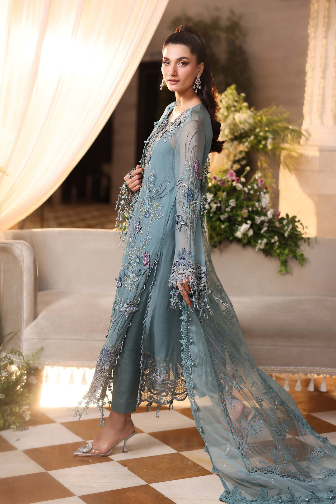 Rangreza Aqua Embroidered Chiffon 3-Piece Suit | AL-4498