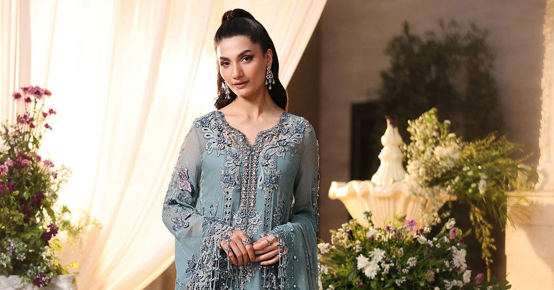 Rangreza Aqua Embroidered Chiffon 3-Piece Suit | AL-4498