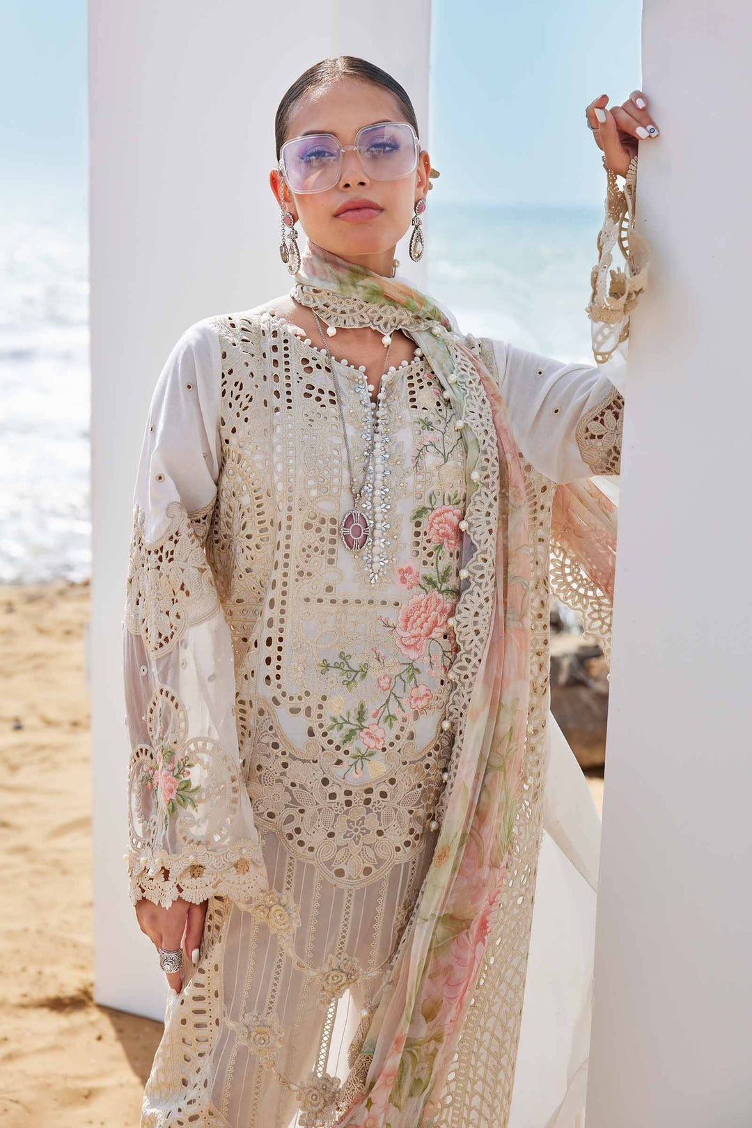 Elegant 3 piece suit women Embroidered Lawn Suit | AL-4307 with intricate floral embroidery and lace details, perfect for formal occasions.