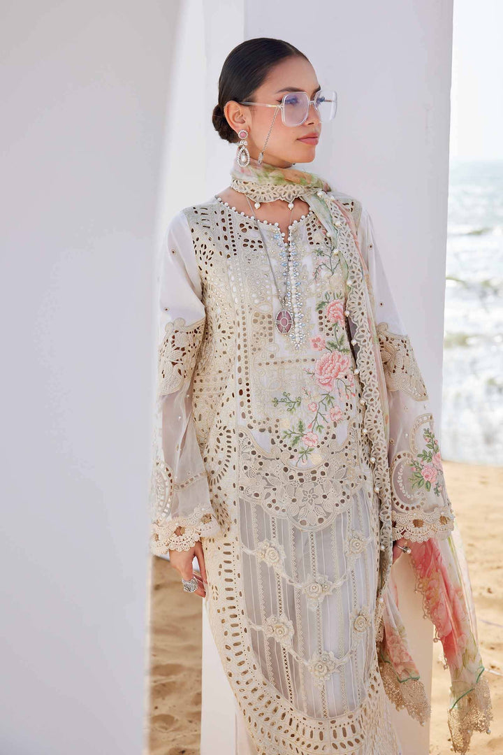 Off-white 3 piece suit women Embroidered Lawn Suit | AL-4307 with delicate threadwork and floral motifs, styled for beachside elegance.