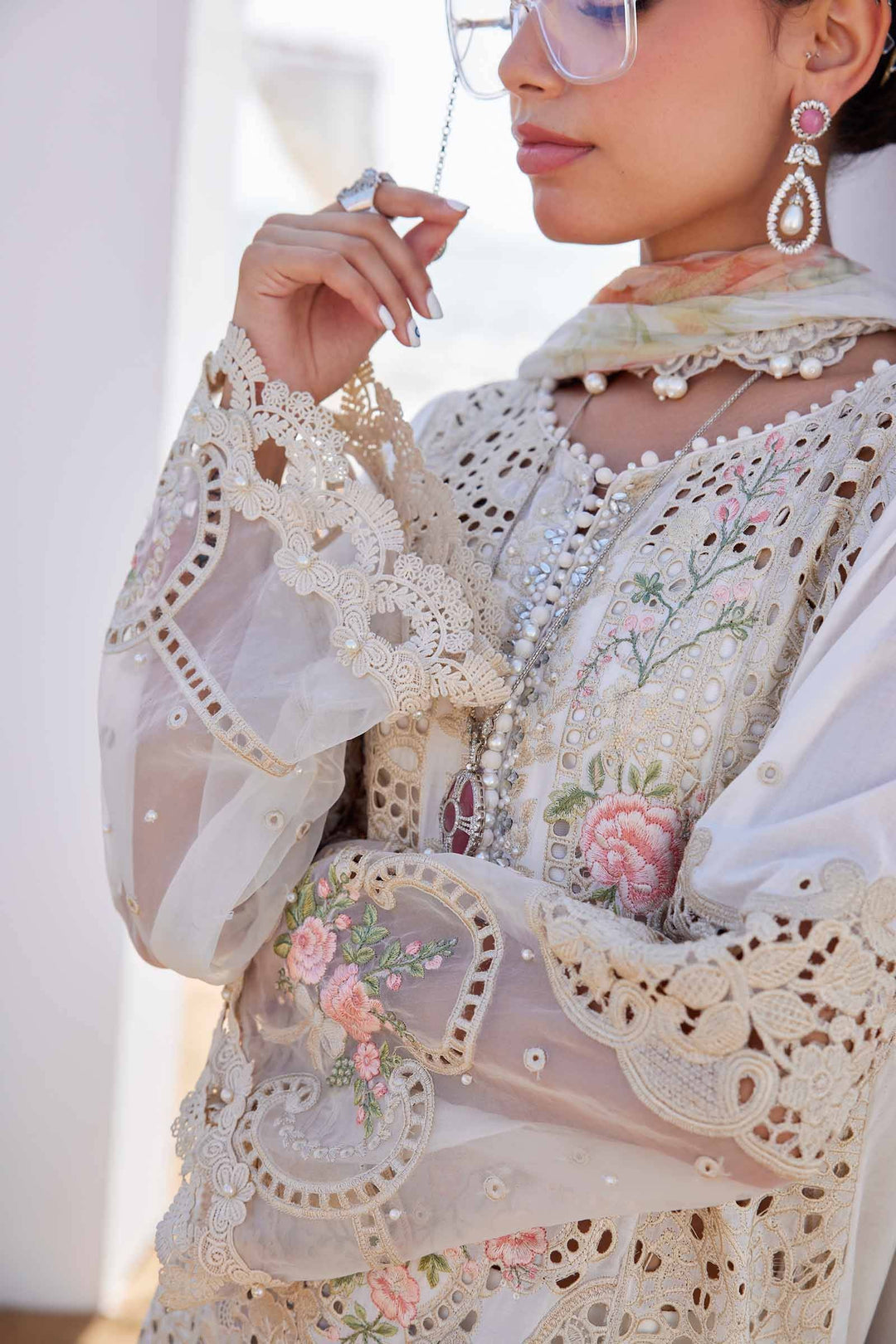 Close-up of 3 piece suit women Embroidered Lawn Suit | AL-4307 showcasing detailed embroidery and lace on sheer sleeves and bodice.