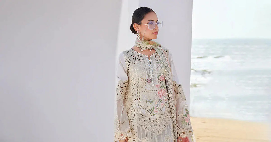3 piece suit women Embroidered Lawn Suit | AL-4307 worn at the beach with floral embroidery and lace accents, perfect for elegant gatherings.