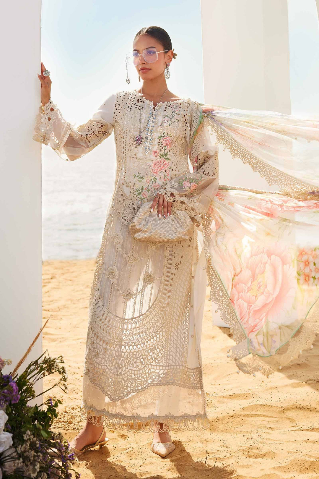3 piece suit women Embroidered Lawn Suit | AL-4307 featuring off-white shirt, pants, and floral dupatta, ideal for weddings and festive events.