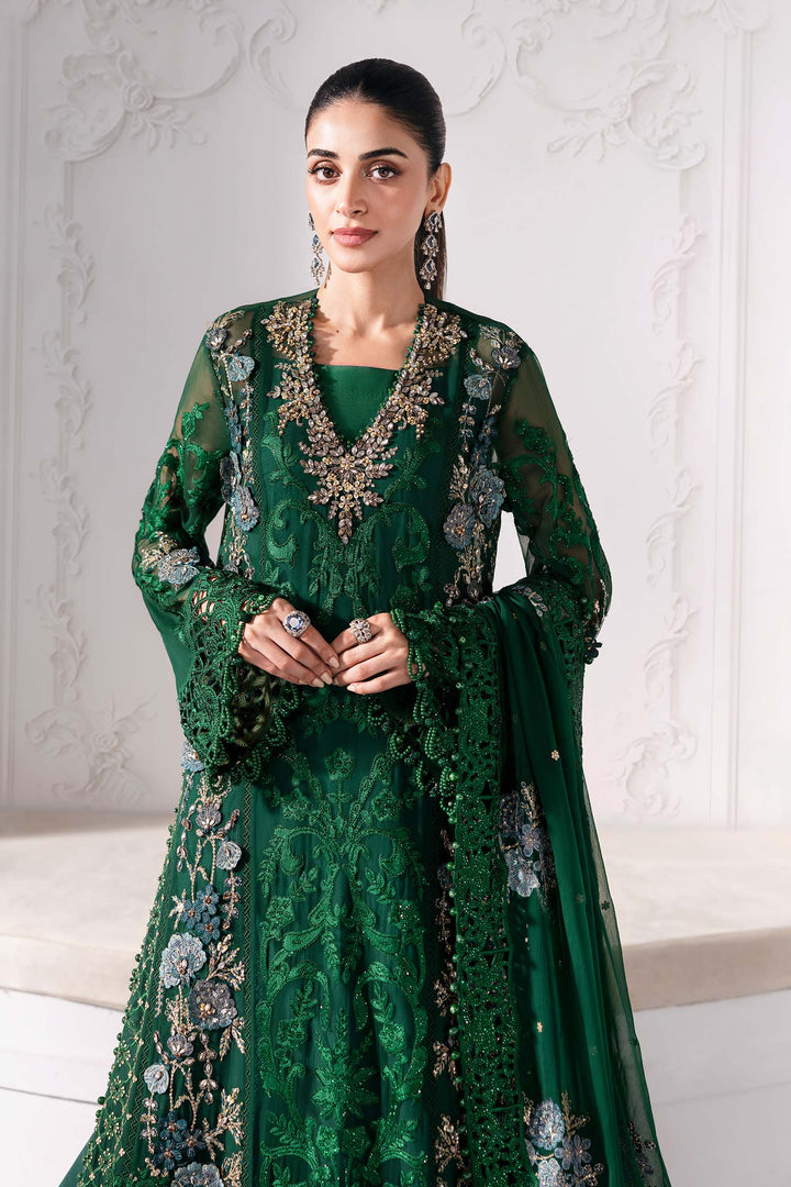 Close-up of AL-4230 green chiffon suit with intricate neckline embroidery, sheer sleeves, and pearl embellishments for wedding or festive occasions.