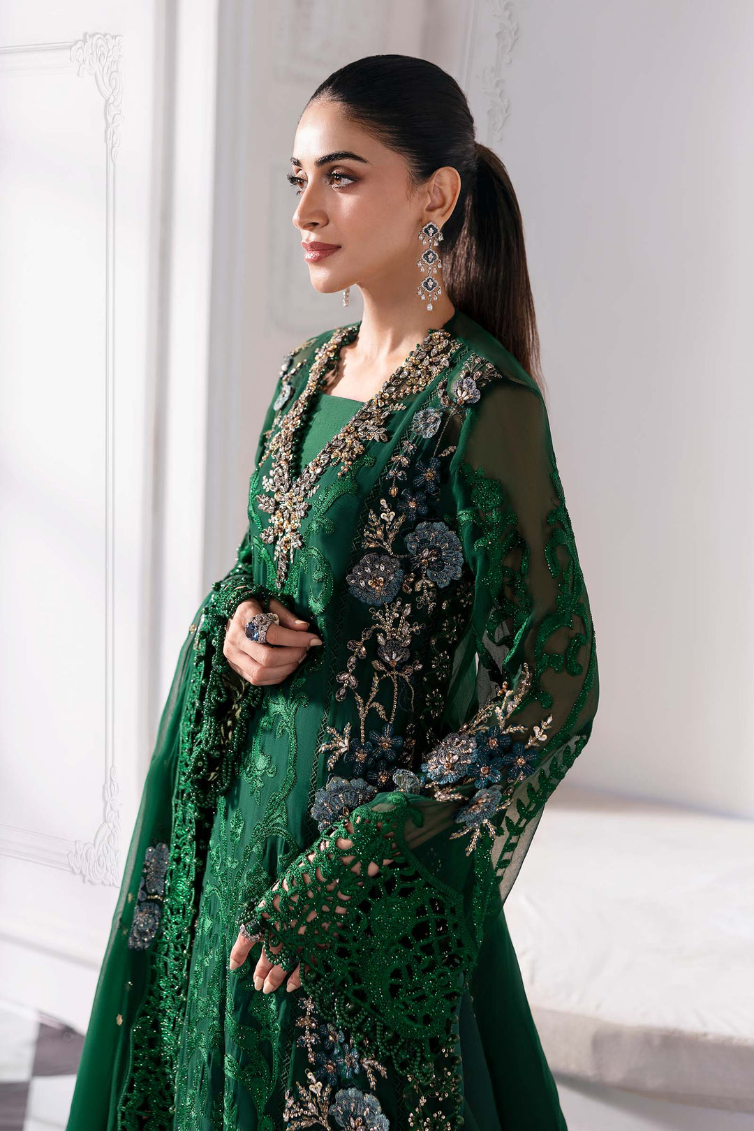 Luxury Embroidered Chiffon Suit AL-4230 in green with shimmering embellishments and sheer sleeves, perfect for formal and festive wear.