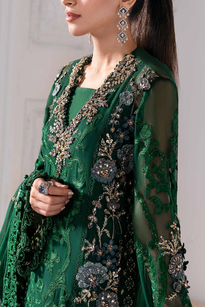 Side close-up of AL-4230 green embroidered chiffon suit highlighting neckline jewels, sheer floral sleeves, and luxury craftsmanship.