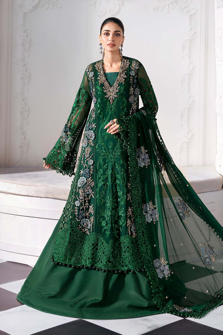 Full front view of AL-4230 Luxury Embroidered Chiffon Suit in green with kalis, silk trousers, and embellished dupatta for wedding elegance.
