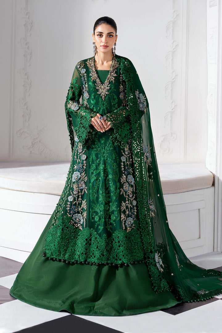 Luxury Embroidered Chiffon Suit - Green Dress 3 Piece Set AL-4230 featuring floral embroidery, 3D flowers, and chiffon dupatta for formal wear.